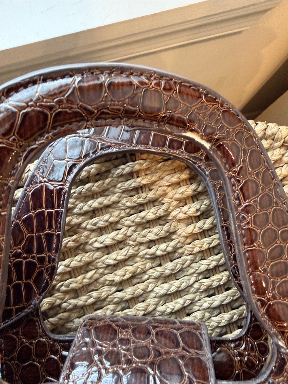Woven Straw Tote with Dark Brown Croc-Effect Trim and Elephant Accent - Picture 4 of 7